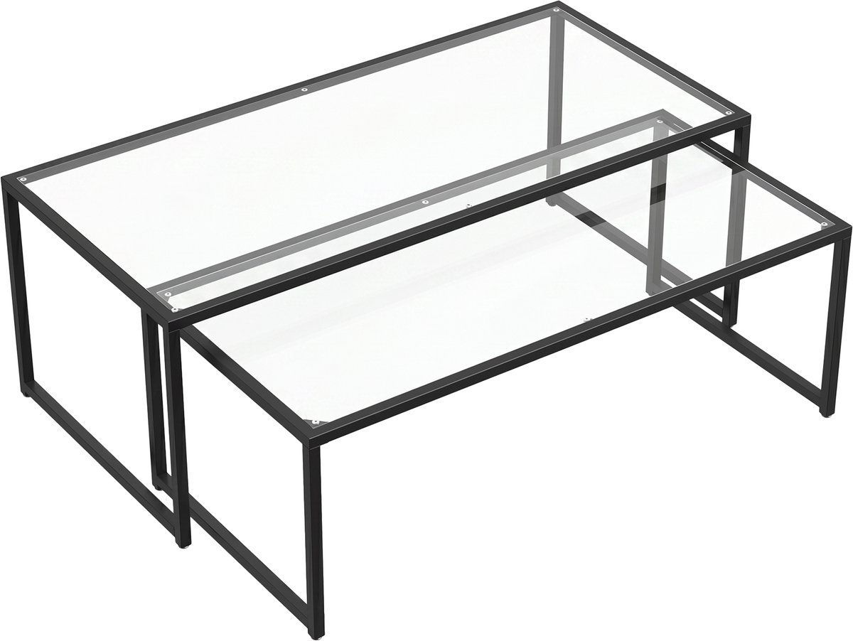 Homona 2-delige salontafelset - Met glazen blad en stalen frame - Stapelbaar - 119 x 56 x 44,5 cm en 109 x 50,5 x 39 cm - Zwart