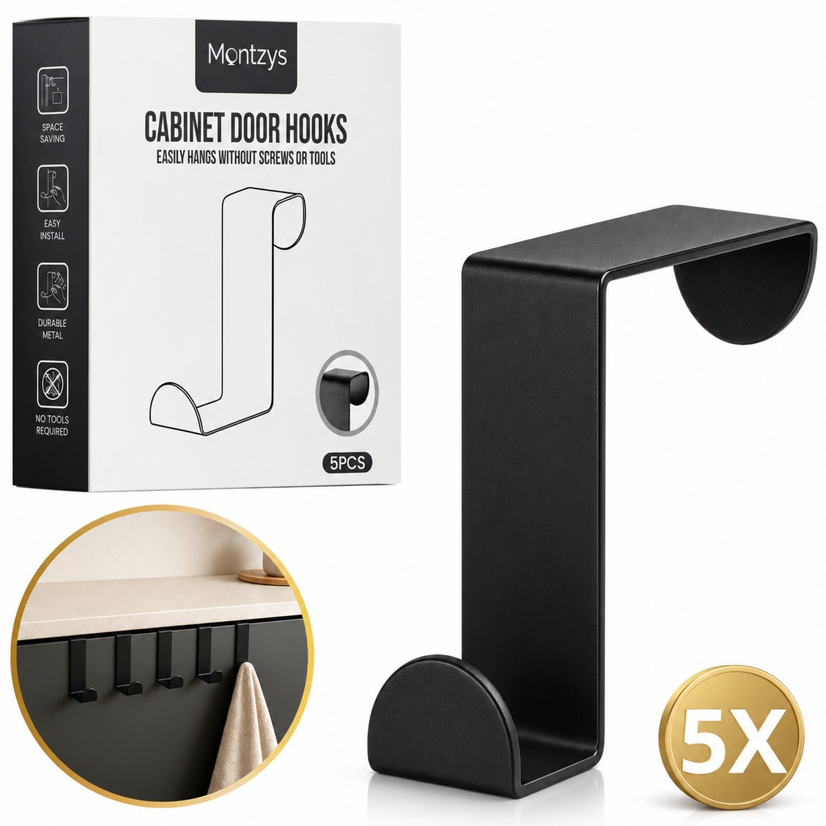 Montzys® Deurhaak Zwart 5 Stuks - Deurhaken over Deur van Keukenkastje & Kastdeur - Haakjes zonder Boren - voor Handdoek & Theedoek