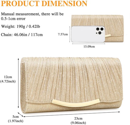 Afmetingen van de gouden glitter clutch: 23x12x5cm, met ketting van 117cm.