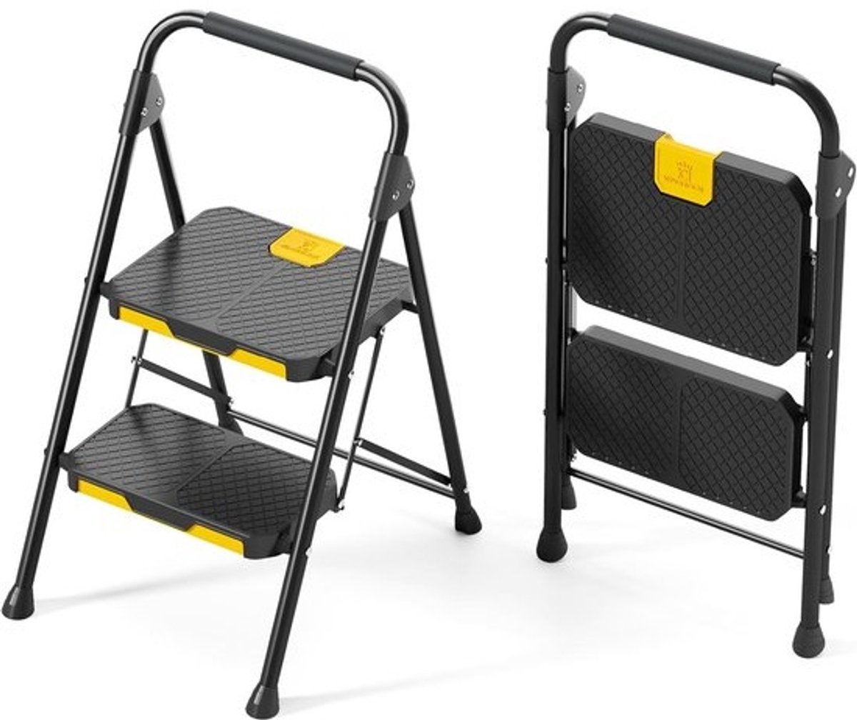 Trapladder met 2 treden - opvouwbare huishoudtrap - met antislippedalen