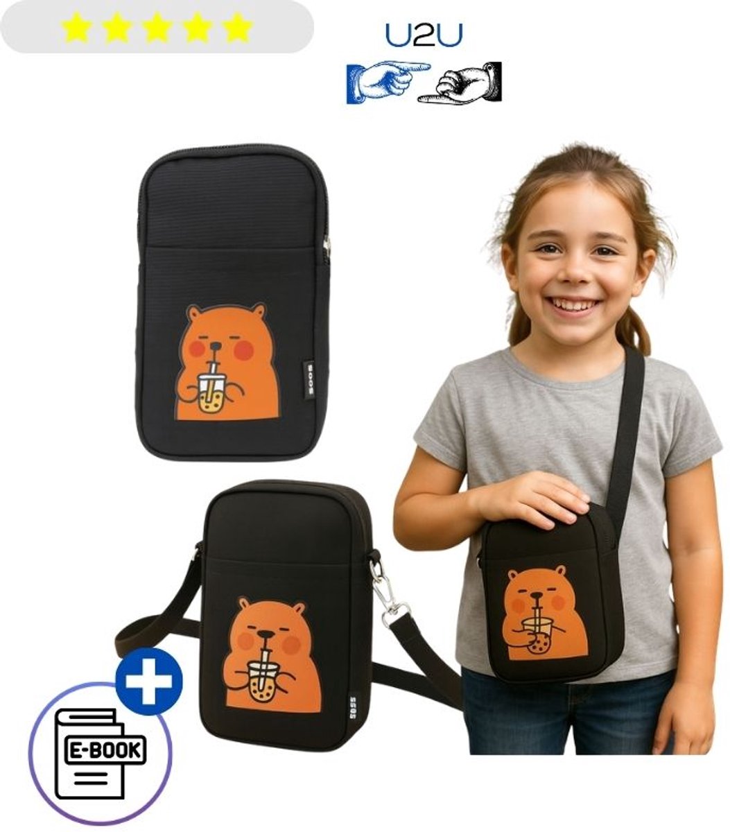 Capybara Heuptas Zwart met Verstelbare Schouderband – Fanny Pack met Ritsvak & Voorvakje, Kleine Crossbody Tas voor School, Reizen & Wandelen, Accessoire voor Kinderen, Tieners & Volwassenen, Compacte Tas – Met Ebook