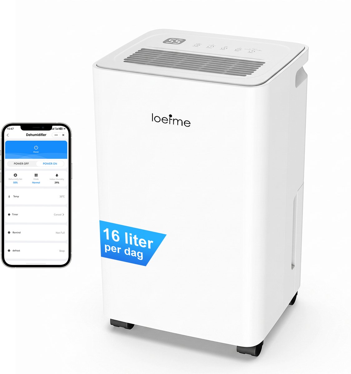 LOEFME Luchtontvochtiger 16L/dag - 38dB - 2L tank - WiFi & 24u timer - Wit