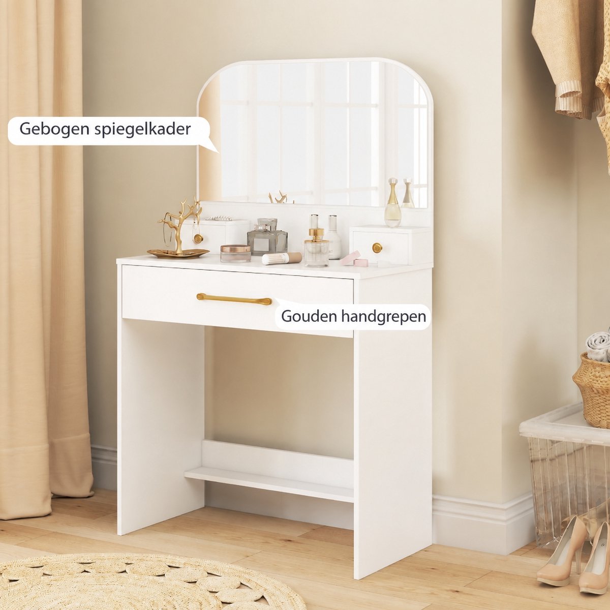 Kaptafel Met Spiegel - Make Up Tafel Met 3 Lades En Opbergruimte - Voor Slaapkamer Of Kleine Ruimte - Wit Spaanplaat