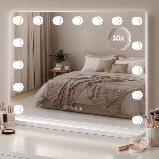 Hollywood make-upspiegel met 15 LED-lampen, 10x vergrotend deel, touchknoppen en witte voet op een kaptafel.