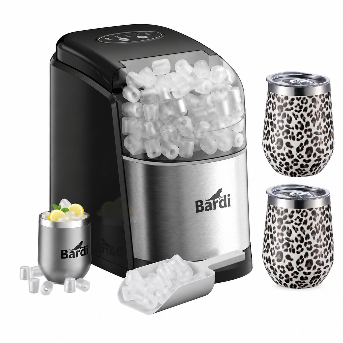Bardi IJsblokjesmachine Set - 1.6L RVS - Zelfreinigingsfunctie - IJsblokmaker met IJsschep -met IJsschep - Inclusief 3 Luxe Thermosbekers en Ijsschep- Leo