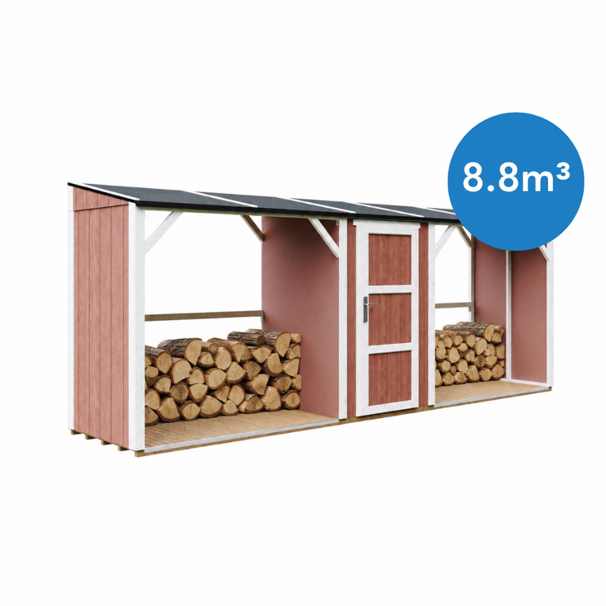 Timbela M986-REDWOOD RED - LP SmartSide Dubbele Houtopslag met Afgesloten Bergruimte - 6,49 m² - Twee houtopslagzones met een totale capaciteit van ~8,8 m³