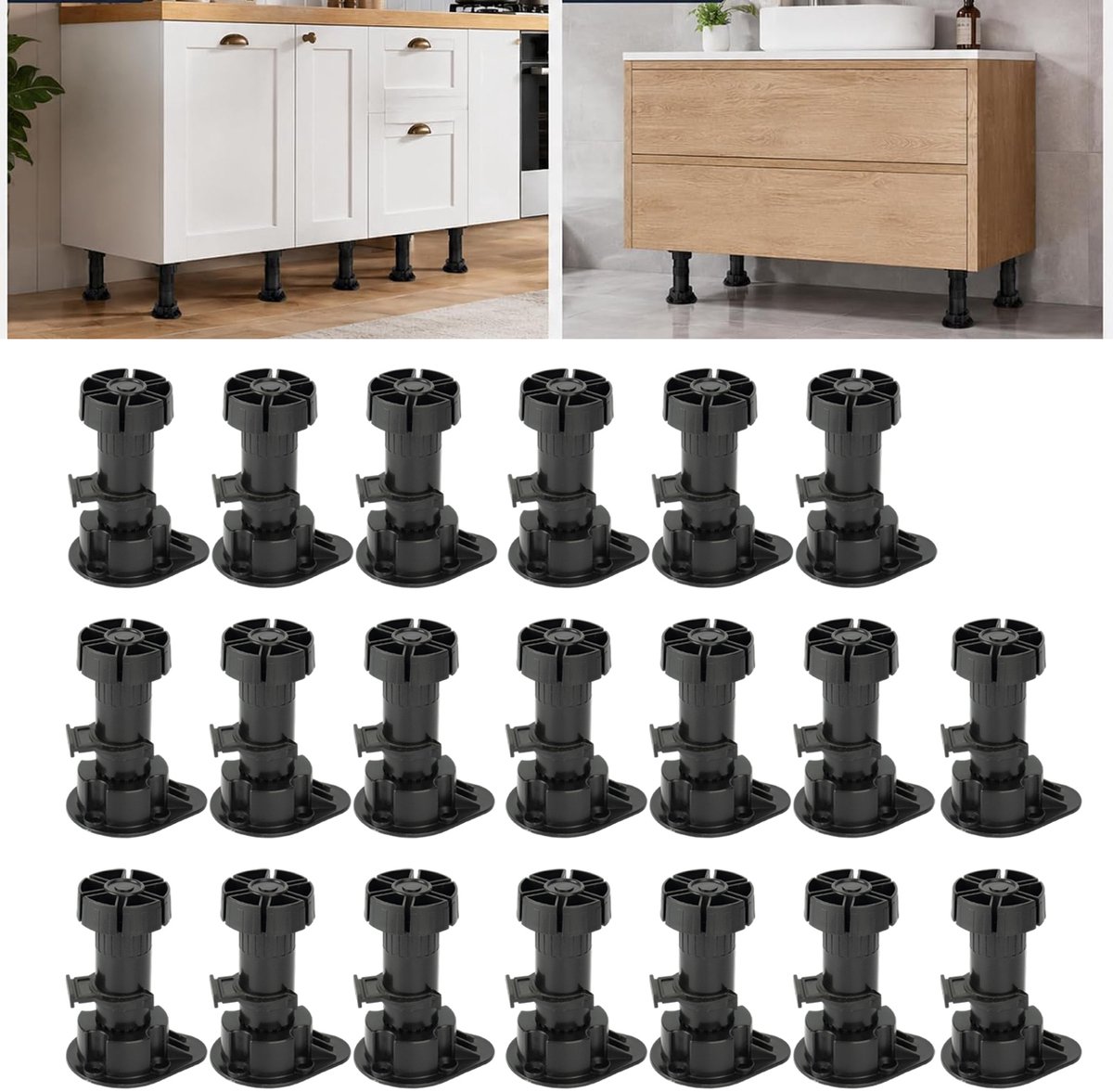 Set Van 20 Verstelbare Kastpoten - Poten Voor Keukenmeubels - Kastpoot Met Plintclips - Kunststof Meubelpoten