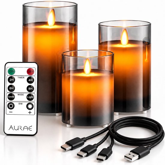 Aurae Oplaadbare Led Kaarsen met Bewegende Vlam - 3x - Echte Wax - 35+ Branduren - Afstandsbediening - Flikkerende Vlam - Oplaadbaar - Timer - Kerst Kaarsen