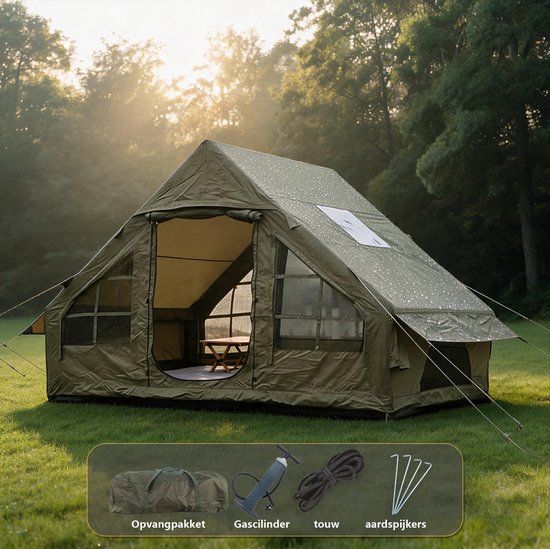 Norvikx Opblaasbare Glampingtent 3-4 Personen - 300x210x200 cm - Luxe Opblaastent met Luchtframe & Handpomp - Waterafstotend 300D Oxford & PVC Kuipzeil - Dubbele Deur, Klamboe Gaasramen & Schoorsteenopening - Legergroen — afbeelding 5