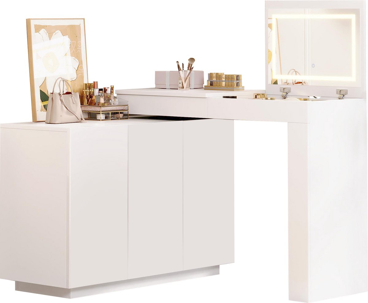 Kaptafel Met Spiegel - L-vormige Draaibare Kaptafel Met Led-verlichting En Opbergruimte - Make-up Tafel En Bureau - Wit Hoogglans