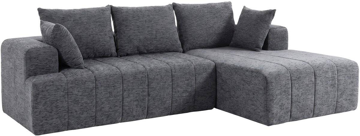 Homona Slaapbank L-vorm - Met chenille bekleding, kussens en brede armleuningen - 256 x 158 x 85 cm - Grijs