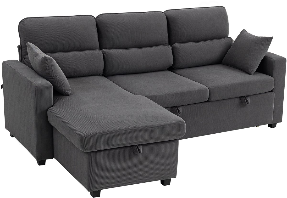 Homona Slaapbank L-vorm - Met opbergruimte en omkeerbare chaiselongue - 205 x 135 x 76 cm - Donkergrijs