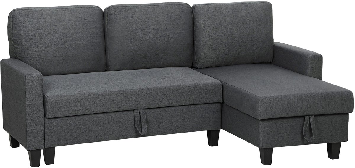 Homona Slaapbank L-vorm - Met opbergruimte en wendbare chaise longue - 197 x 129 x 85 cm - Donkergrijs/Zwart