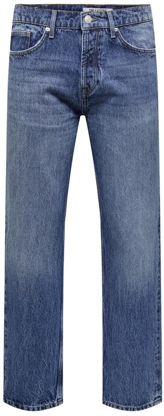 Blauwe jeans met rechte pijpen en een subtiele wassing, knoopsluiting.