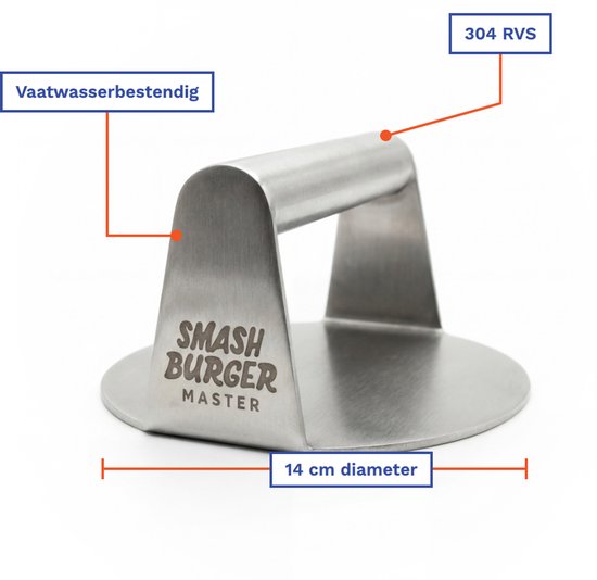 RVS smash burger pers met een diameter van 14 cm. Vaatwasserbestendig. Inclusief "Smash Burger Master" logo.