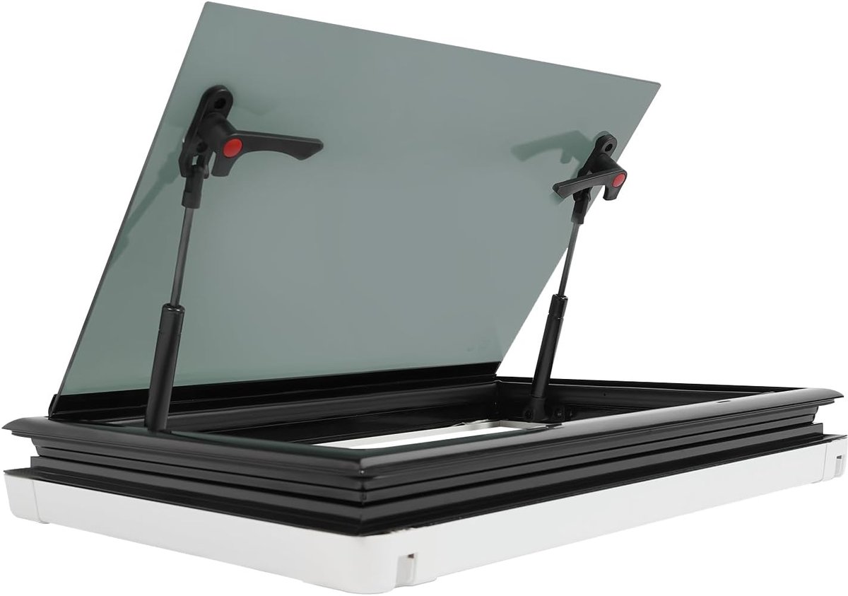 500 x 350 mm, rechthoekig uitzetraam voor camper met gehard glas, geïntegreerd vliegengaas en zonwering, hoekig dakraam voor caravans en campers