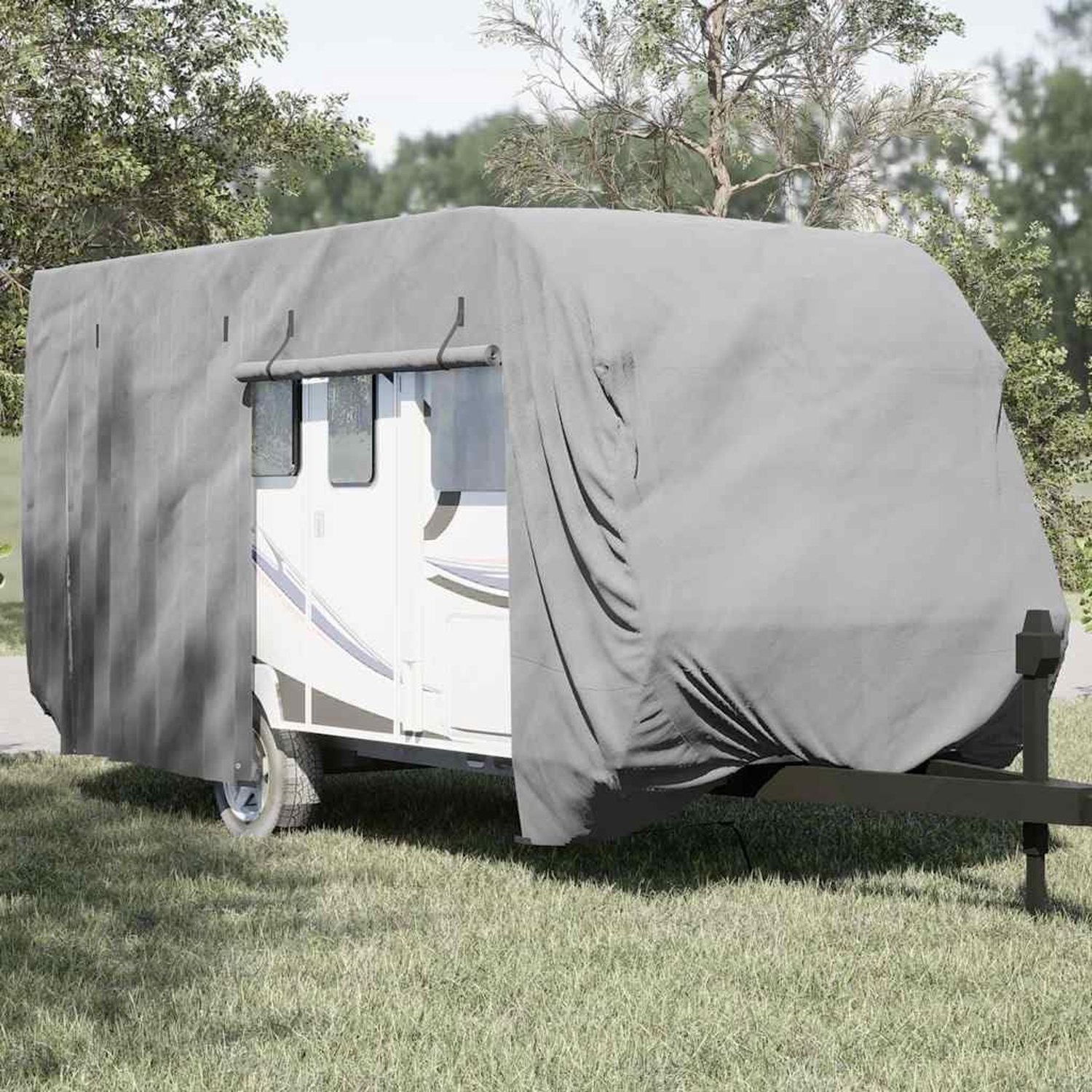 Beschermhoes voor caravan, 670 x 250 x 220 cm, afdekzeil voor caravan, camper, garage, het hele jaar, beschermhoes, ademend, grijs