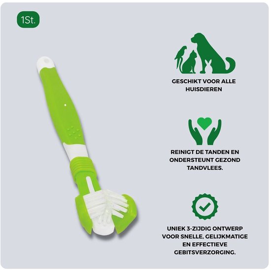 Groene tandenborstel met witte borstels en handvat, voor huisdieren, voor tanden en tandvlees.