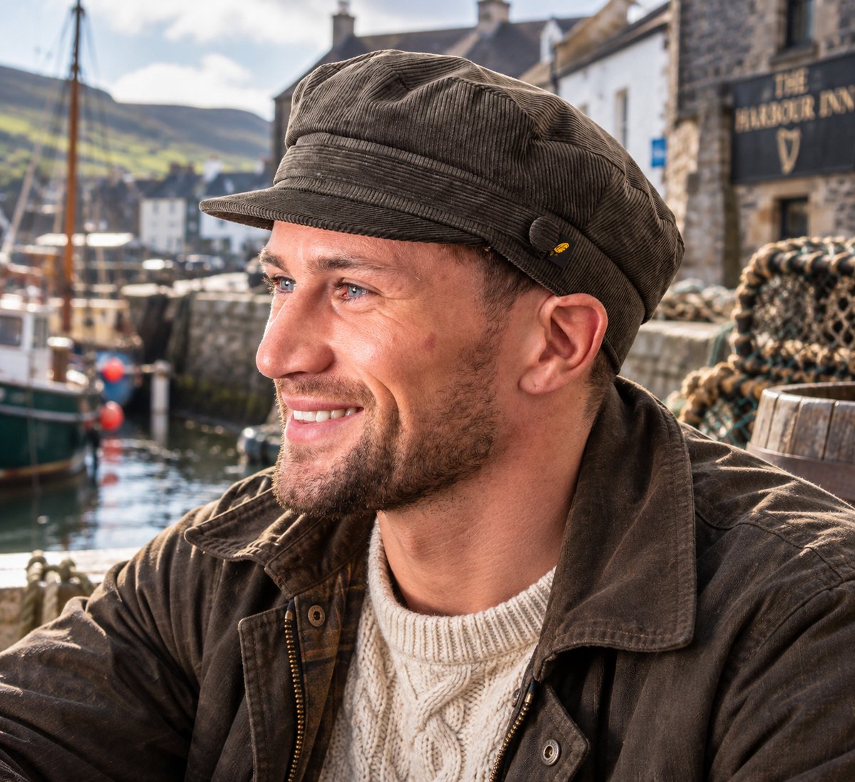 Hatman of Ireland Fisherman Skipper Cap Corduroy Groen – Visserspet Heren – Katoenen Pet – Maritieme Stijl Maat Medium (58cm)