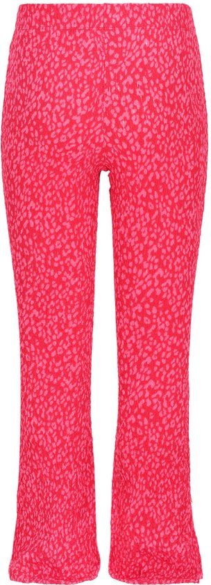 Roze meisjesbroek met luipaardprint en wijde pijpen.