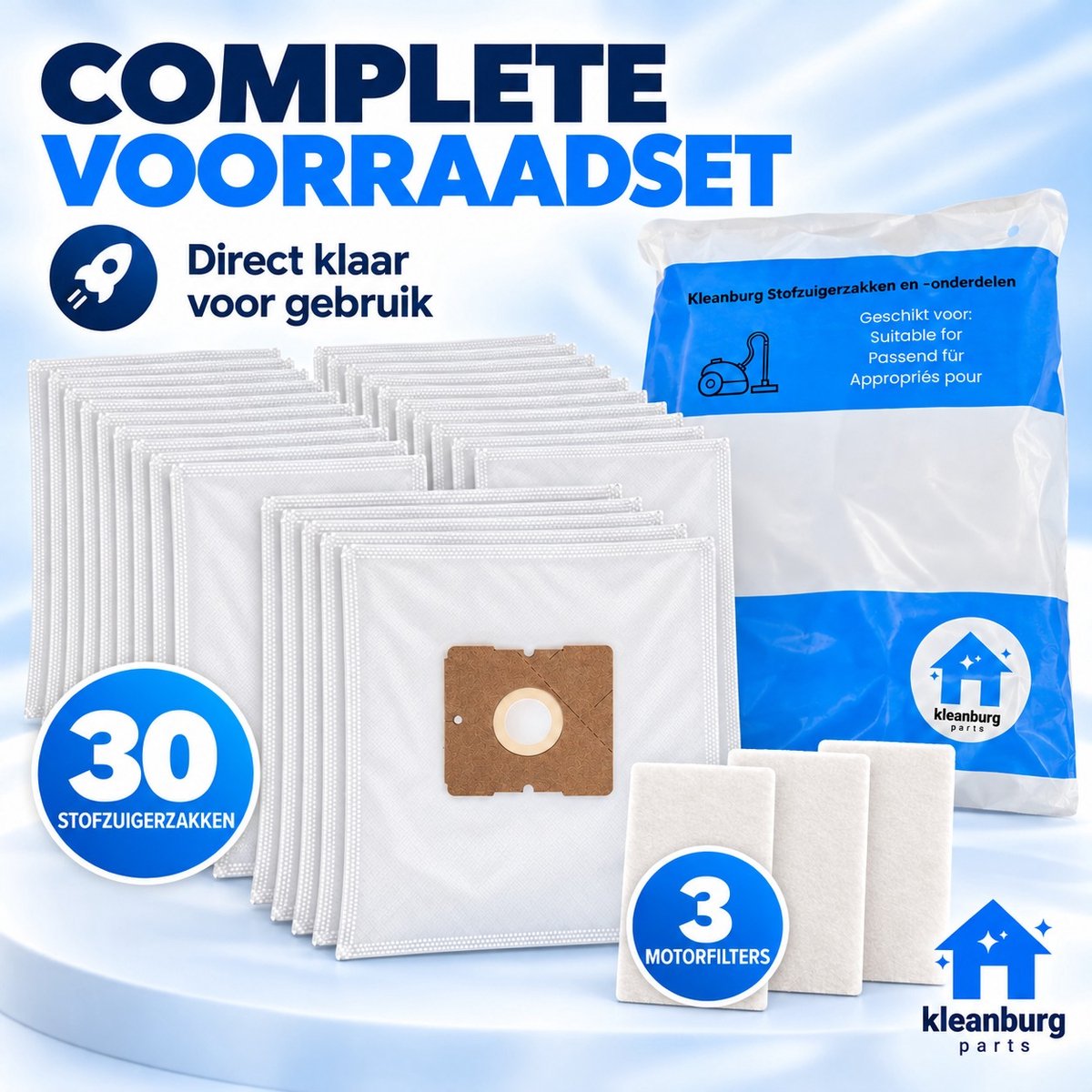 Kleanburg Stofzuigerzakken voor Inventum SZ300 - 3-laags - 30 stuks + 3 motorfilters