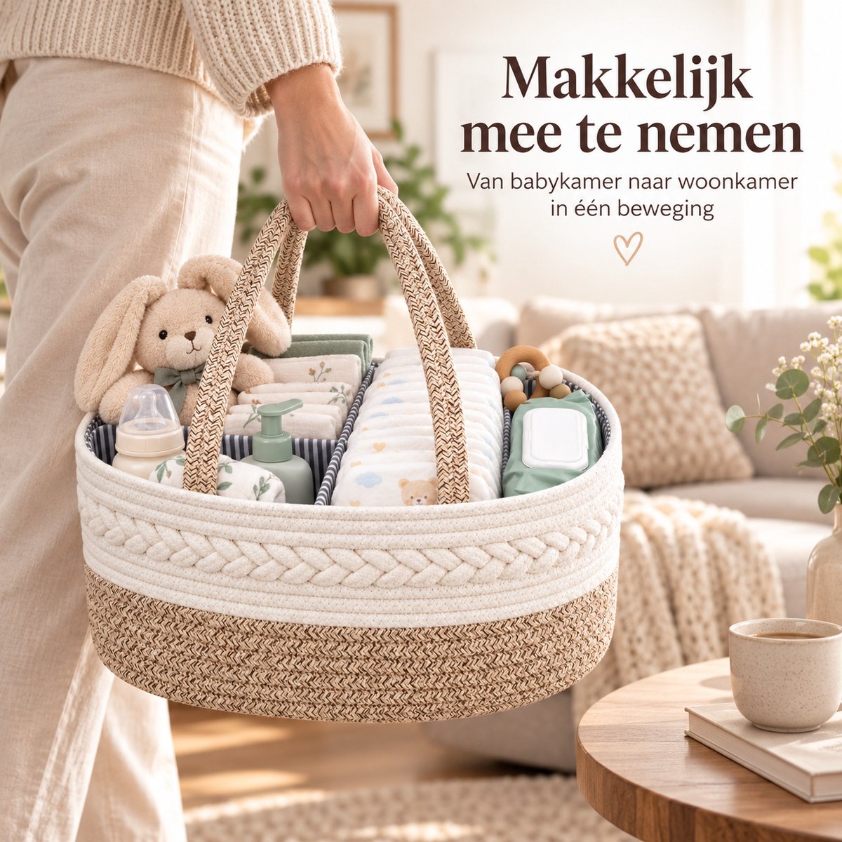 Luiermand voor Commode – Baby Organizer met Uitneembare Vakken – Commodemandje met Handvatten – 36 x 22 x 18 cm – Opbergmand voor Luiers, Doekjes & Babyverzorging – Beige – foto 8