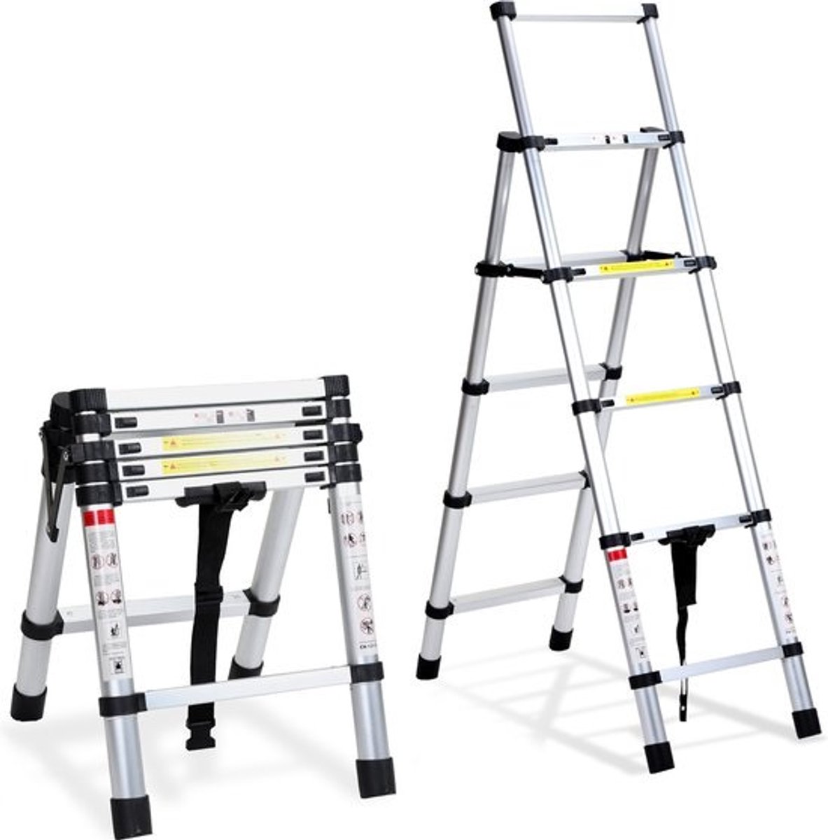 Telescopische vouwladder van aluminium - 1,4 m + 1,7 m - Multifunctionele A-frame ladder - Met antislip - 150 kg draagvermogen