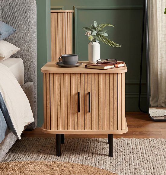 Mano Leisure Bijzettafel met Opbergruimte – Nachtkastje – 45x40x48cm - Eikenpatroon & Zwart Metaal