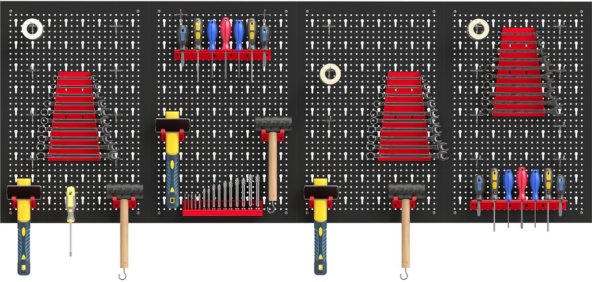 4 panelen met wandgereedschap, 38 stuks per paneel, 60x40 cm met zwarte en rode haken en steunen
