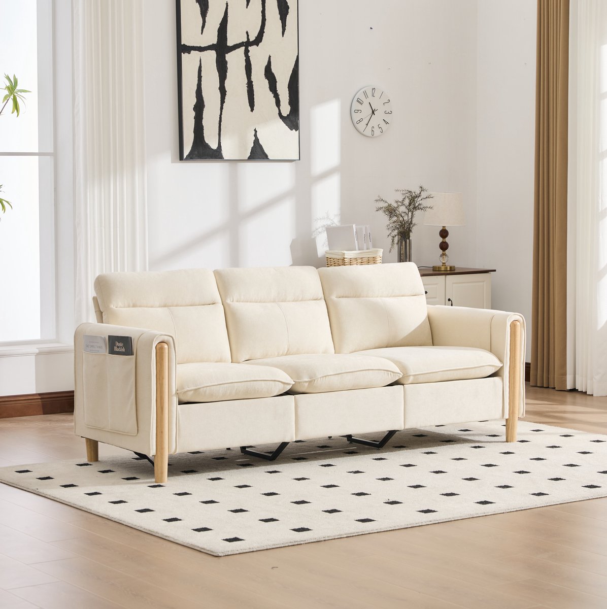 REDOM Hoekbank - Driezitsbank met opberghocker - Omkeerbare chaise longue - Zijvakken - Scandinavische stijl - Chenille - Beige - 201 x 77 x 86 cm