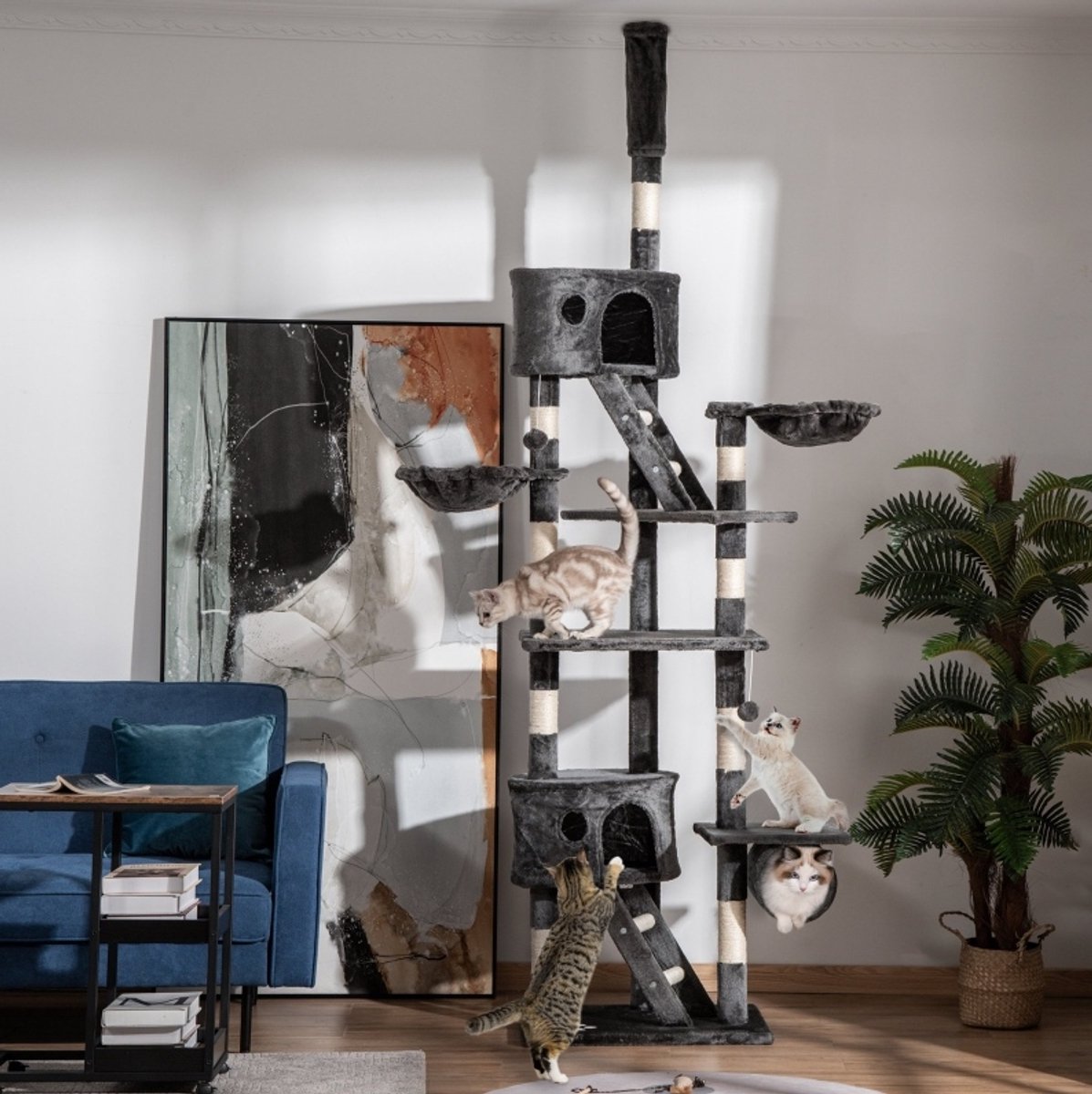 REDOM - Krabpaal - Plafondbevestiging - Hoogte instelbaar - Krabpalen met sisaltouw - Pluche - Donkergrijs - 60 x 45 x 240-260 cm