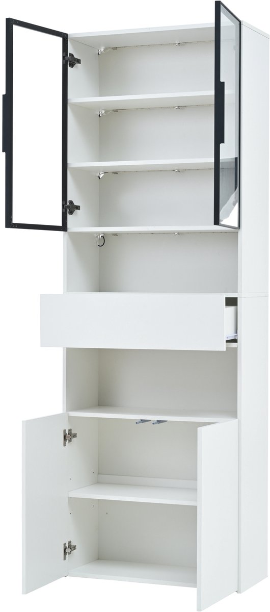 Witte Vitrinekast Met Glazen Deuren En LED - Kast Met Lade En Open Legplanken - Hoge Boekenkast Voor Woonkamer - Spaanplaat