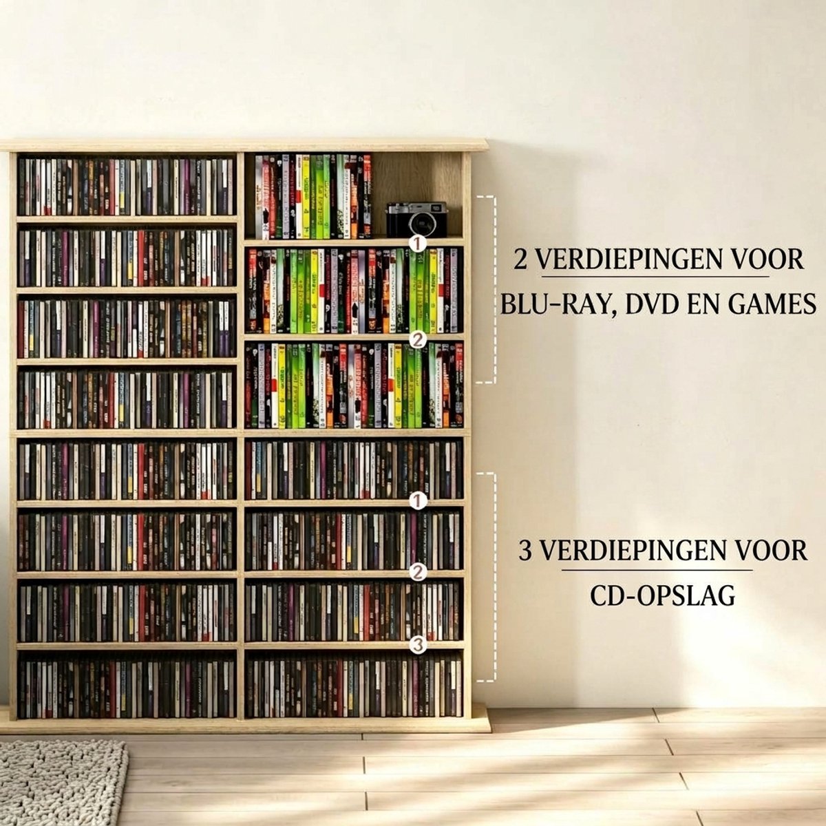 CD DVD Blu-ray Opbergkast - 16 Vakken Met 12 Verstelbare Planken - Cd Kast Voor 720 Cd's - Voor Woonkamer - Naturel Spaanplaat