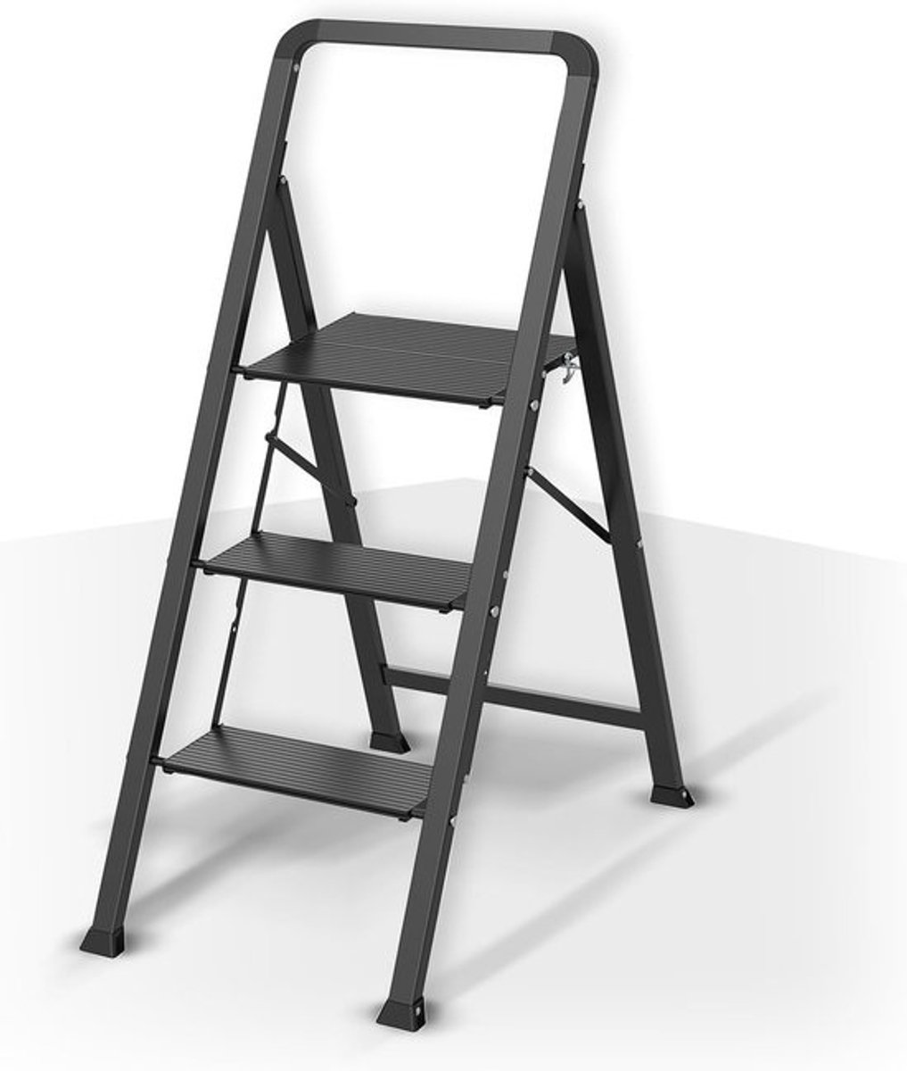 Vouwladder - 3 treden - Staal - Draagvermogen - 150 kg - Ruimtebesparend - opvouwbaar - Antislipvoeten - Compact ontwerp