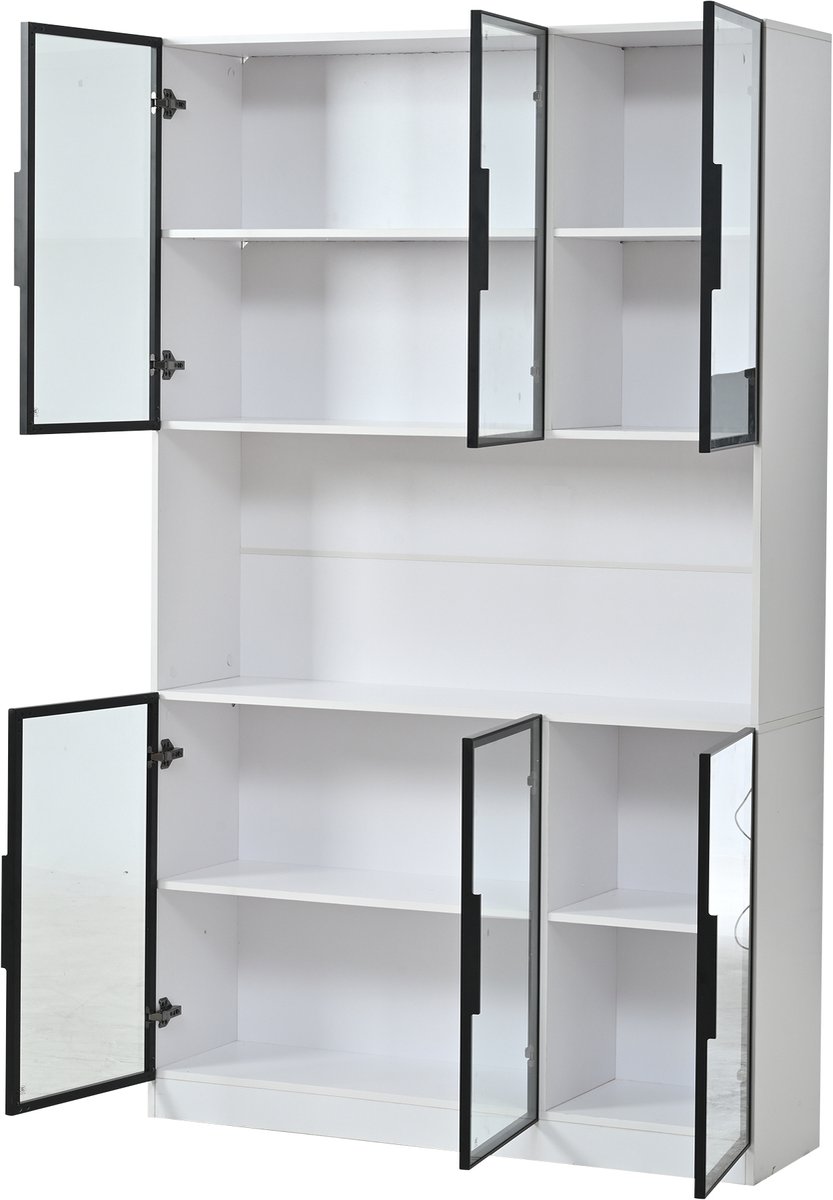 Vitrinekast Met LED-Verlichting - Zes Glazen Deuren - Softclose Scharnieren - Woonkamerkast Met Opbergruimte - MDF - Wit - 120 cm Breed