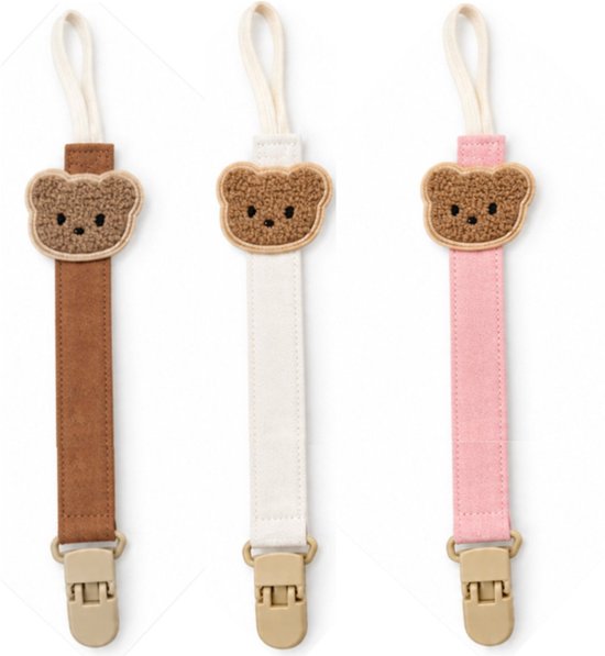 Drie speenkoorden: bruin, beige en roze, elk met teddybeer-applicatie en clip.