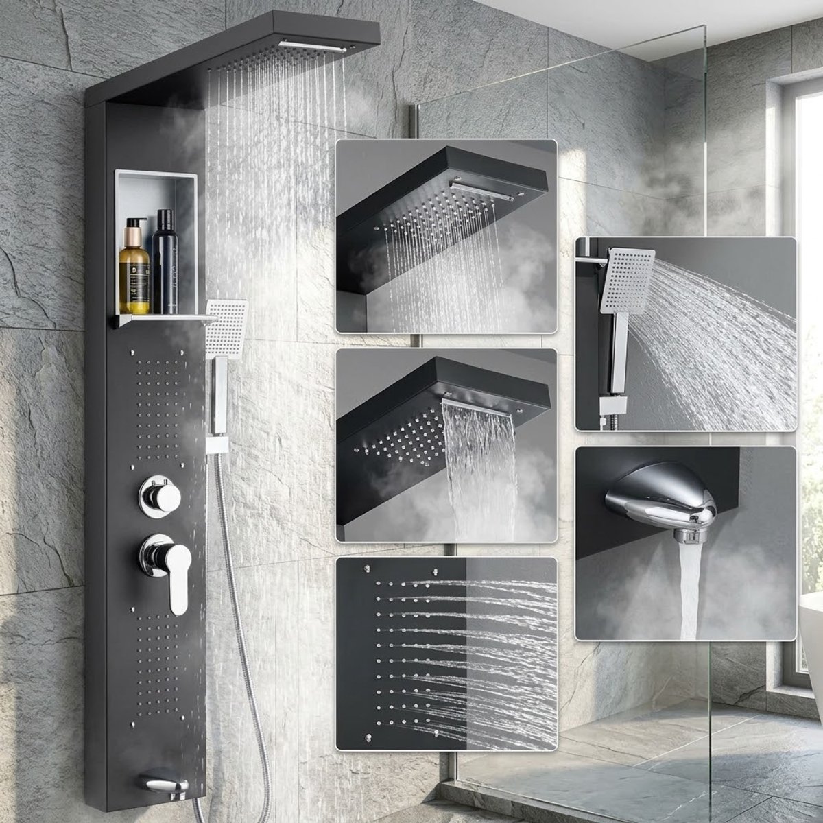 Auralum Max Douchepaneel Zwart RVS - Luxe Douchekolom Met Planchet & Opbergrek - 5 Functies: Regendouche, Handdouche, Massage Strals & Badkraan