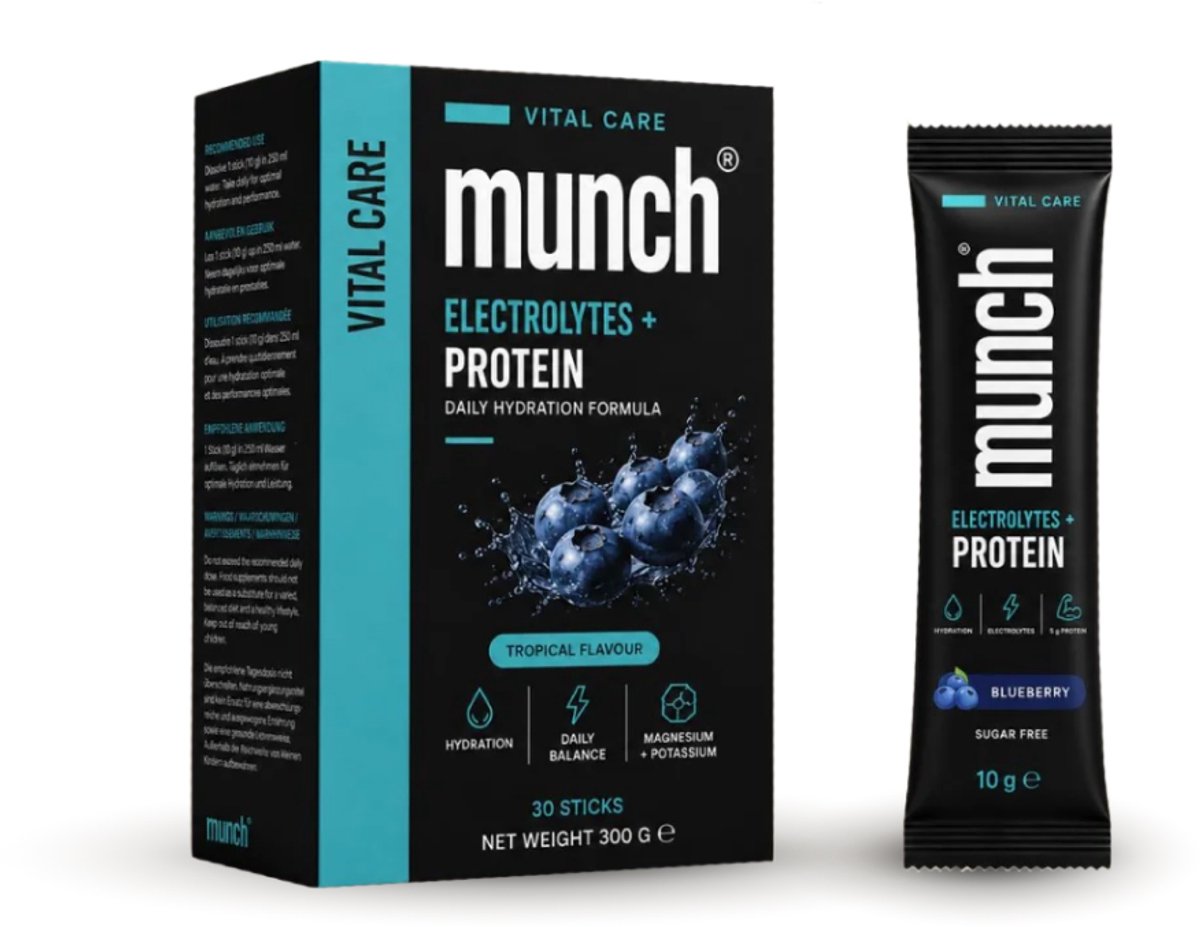 Munch Electrolytes + Protein Blauwe Bes | Elektrolyten poeder met collageen, magnesium, kalium & vitamine C* | Suikervrij sport- & hydratatiesupplement | Blauwebessensmaak | 30 sticks van 10 g (300 gram)