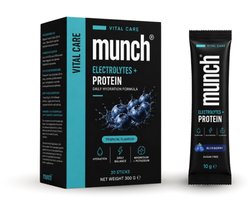 Munch Electrolytes + Protein Blauwe Bes | Elektrolyten poeder met collageen, magnesium, kalium & vitamine C* | Suikervrij sport- & hydratatiesupplement | Blauwebessensmaak | 30 sticks van 10 g (300 gram)