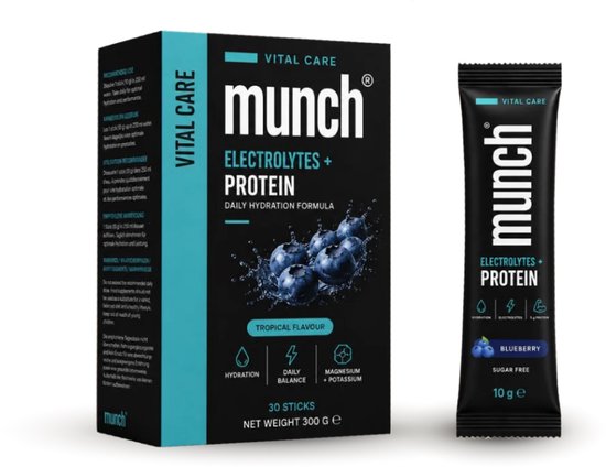 Munch elektrolyten + proteïne doos en stick, blauwe verpakking met afbeelding van bosbessen.