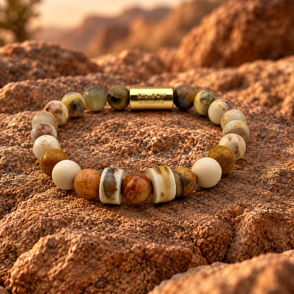 Dragon Bracelets® - Terra Dune - Natuurstenen Armband - Agaat - Geglazuurd Keramiek - Bruin - Beige - Goud