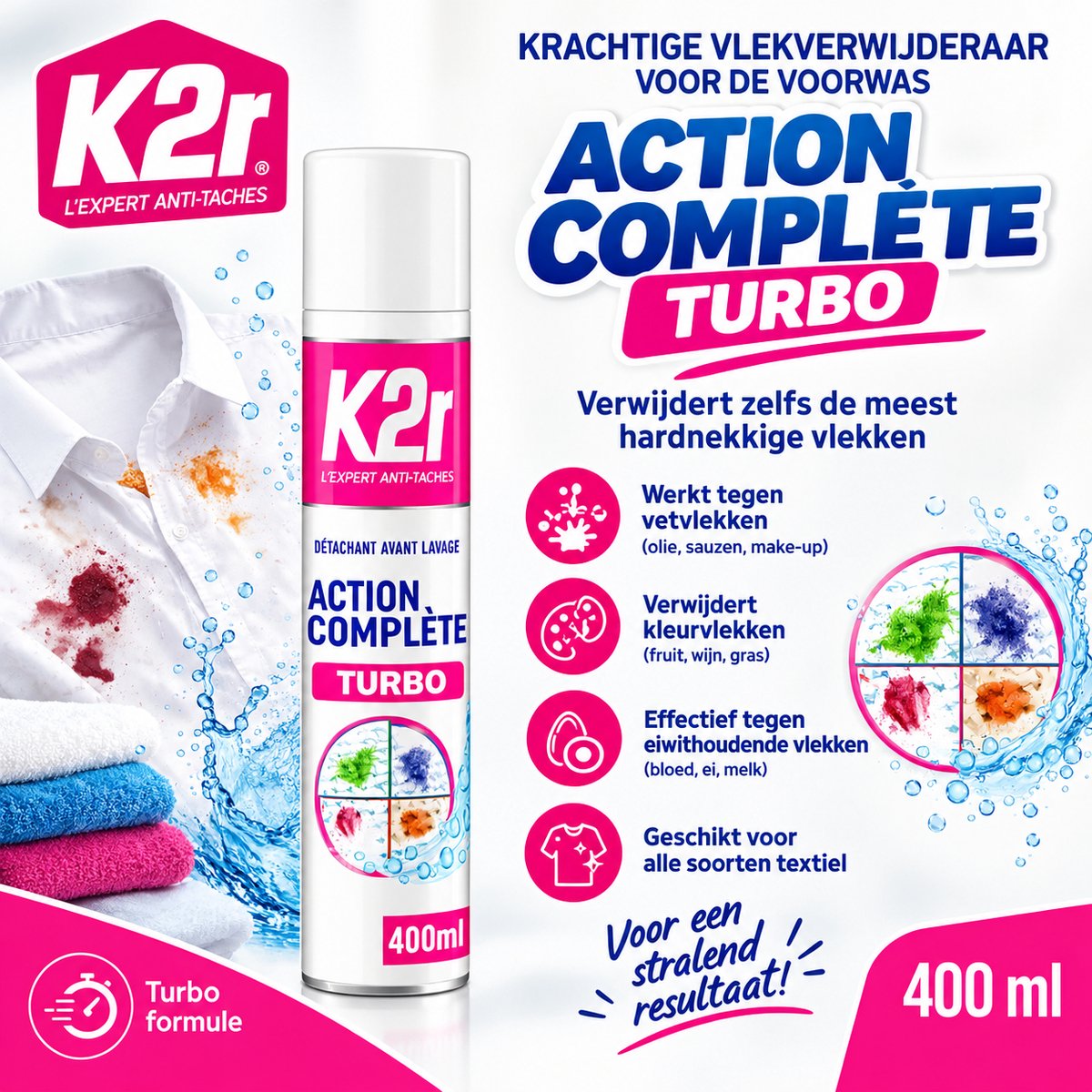 K2r Action Complete Turbo Vlekverwijderaar 400 ml – Voorwas Vlekkenspray – Tegen Hardnekkige Vet-, Kleur- en Eiwitvlekken