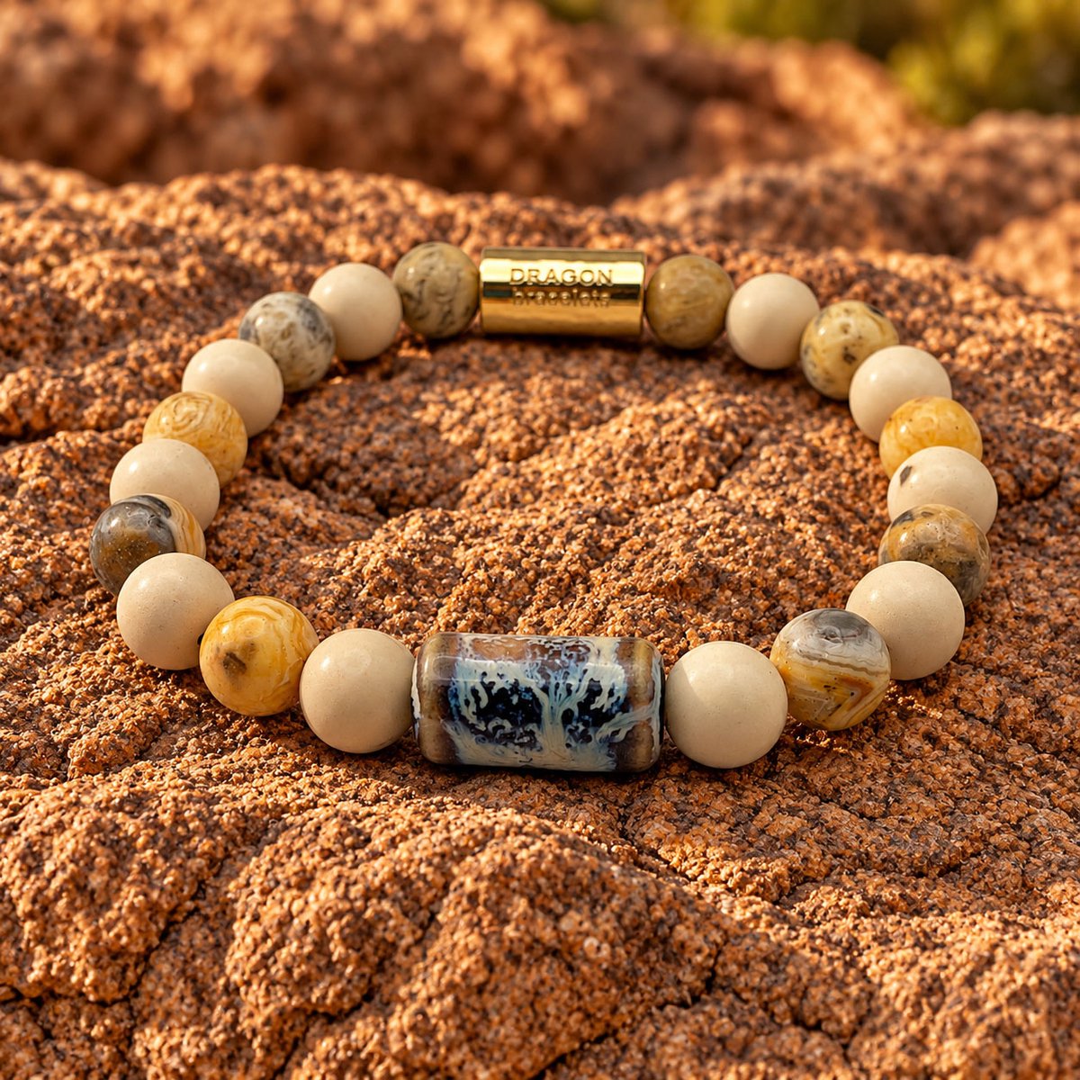Dragon Bracelets® - Terra Canyon - Natuurstenen Armband - Agaat - Geglazuurd Keramiek - Bruin - Beige - Blauw - Goud