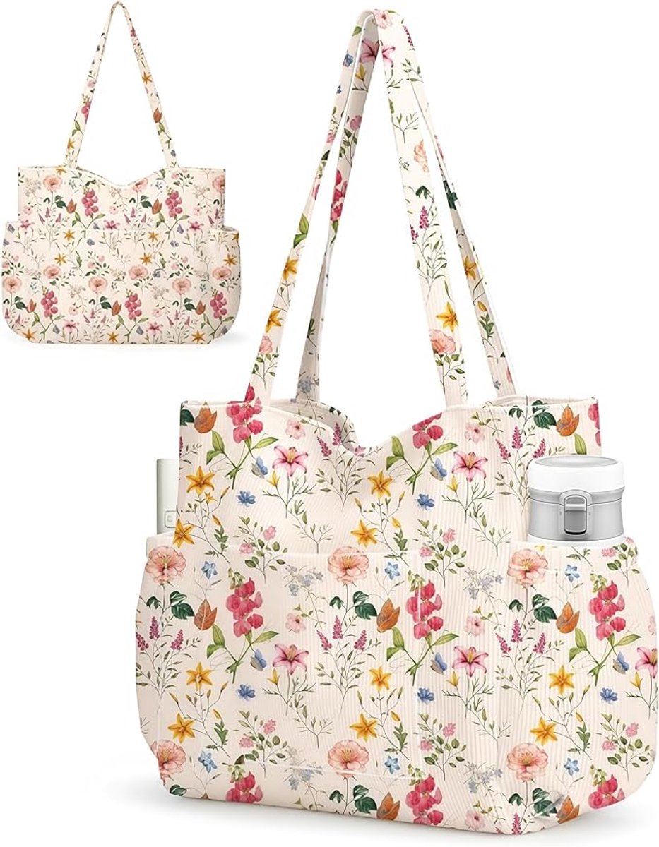Grote Strandtas Dames - Casual tas - Corduroy Tote Bag - Hand- en schoudertas - 38.5 x 36 cm - XL - Casual tas met grote capaciteit - Grote Capaciteit voor Handdoek - Voor Vakantie & Strand - Shopper met Zijvakken & Rits - Het perfecte cadeau