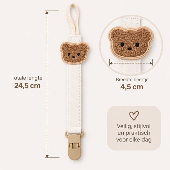 Crèmekleurig speenkoord met beige teddybeerapplicatie, totale lengte 24,5 cm, breedte beertje 4,5 cm.