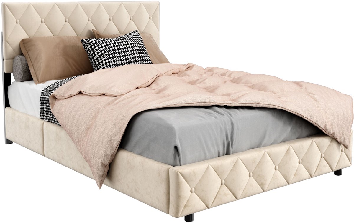 MODENUIT Gestoffeerd Bed 140x200 cm - Met Hydraulische Opbergruimte En Gecapitonneerd Hoofdbord - Met Lattenbodem - Zonder Matras - Fluweel Beige Donkergrijs