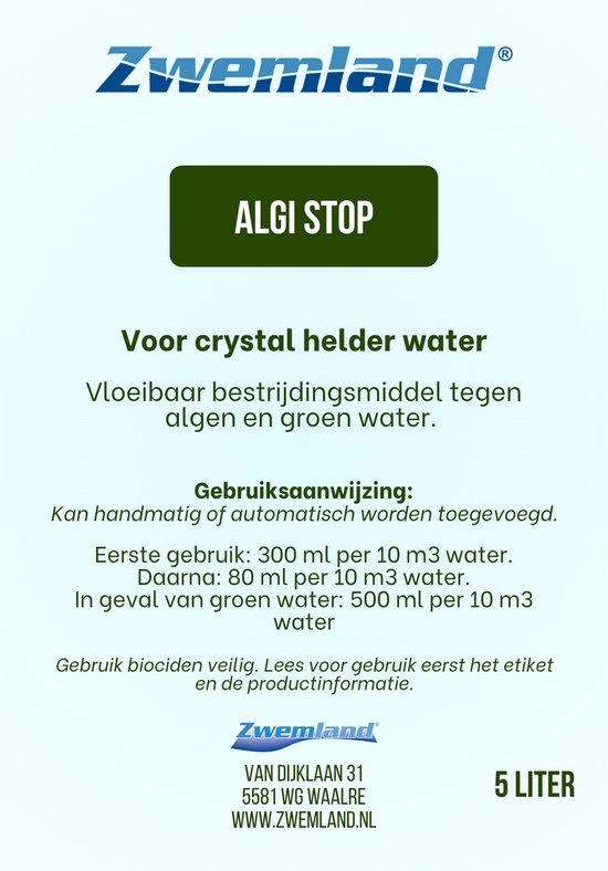 Zwemland Algi Stop 5 liter verpakking met tekst over algendoding voor zwembadwater.