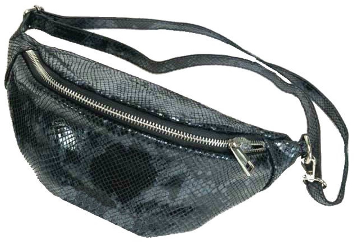 Zwarte Leren Slangenprint Heuptas - Leren Crossbodytassen - Zilver Beslag - Trendy Snakeprint Dames Bumbag - Glanzende Slangenprint - Zwart