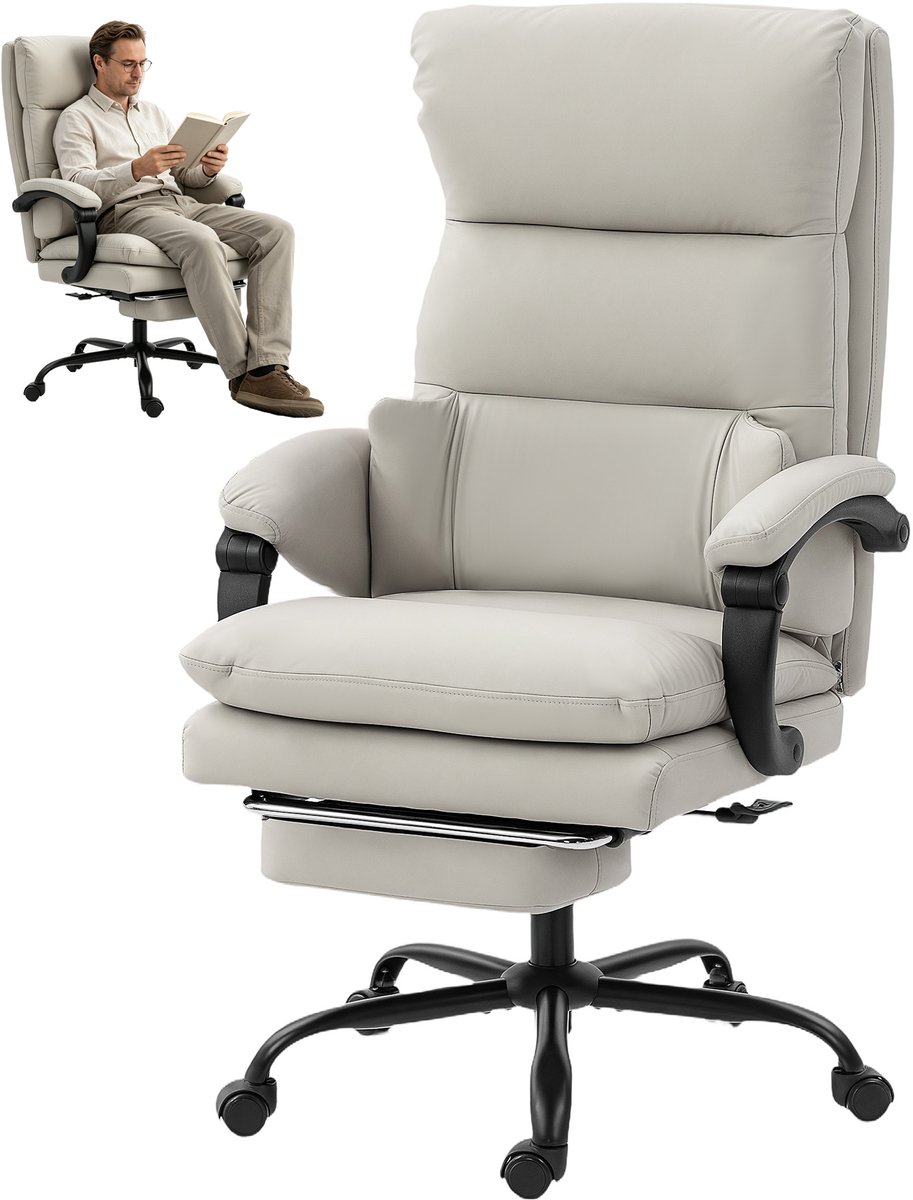 Ergonomische Bureaustoel - Directiestoel - Thuiskantoorstoel - bureaustoelen voor volwassenen - Lichtgrijs Kunstleer - Met Lumbaalsteun, Armleuningen, Voetsteun & 135° Verstelbare Rugleuning - Max. 120 kg