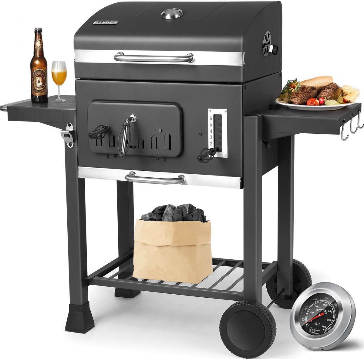 TLGREEN Houtskoolgrill met Deksel - Barbecue Grill Trolley - met Thermometer - Hoogte Verstelbaar - voor Camping - Grijs